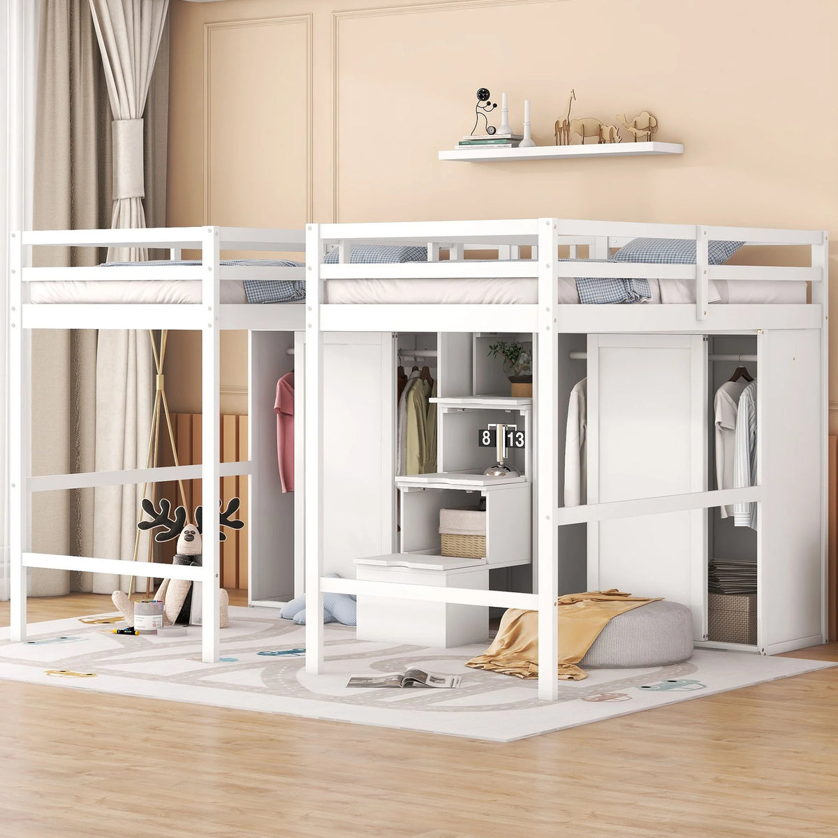 Solid Wood Loft Bed with Wardrobes and Staircase E63196