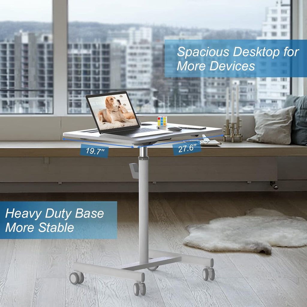 28 inch Pneumatic Sit to Stand Height Adjustable Mobile Laptop Desk with Lockable Wheels, White Q49670