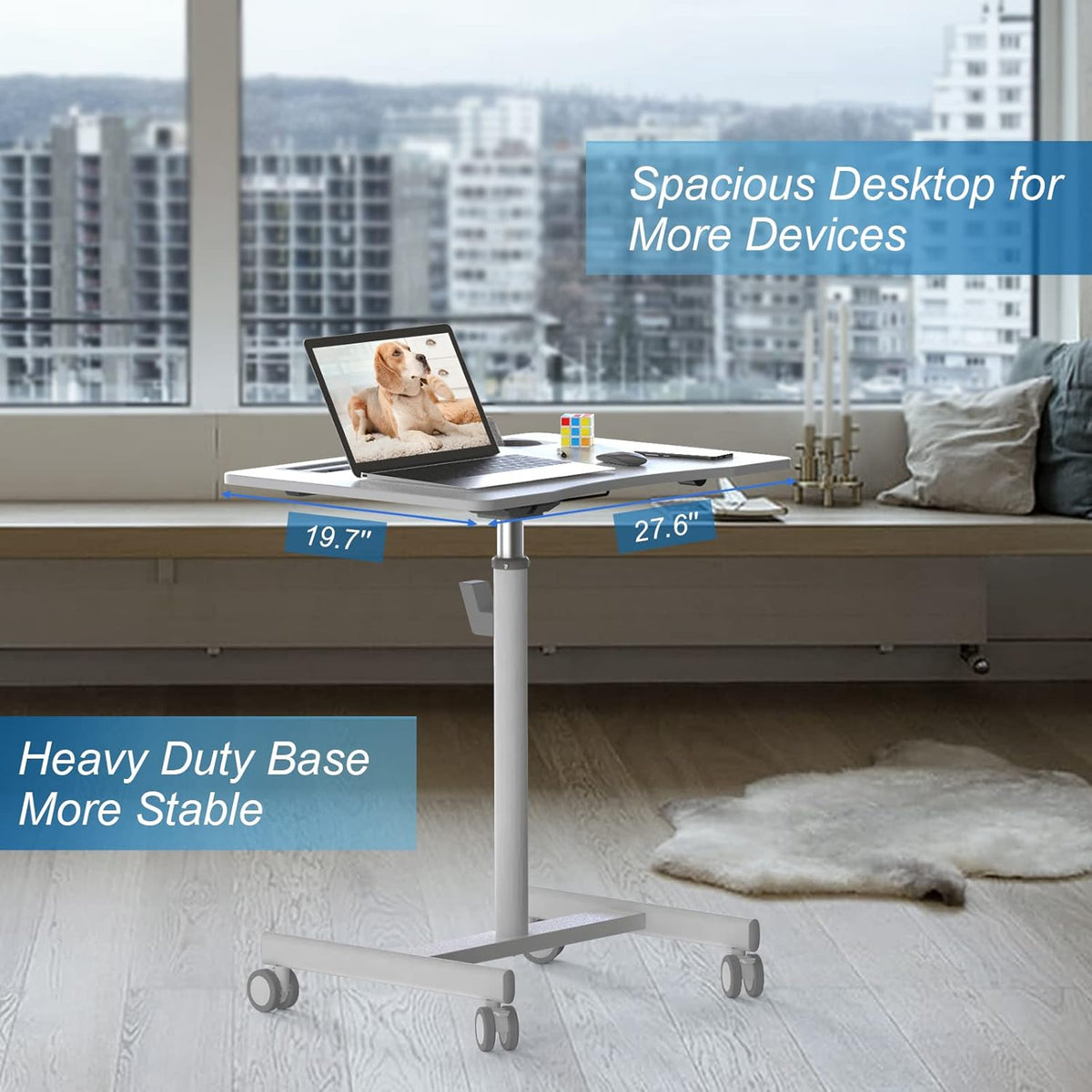 28 inch Pneumatic Sit to Stand Height Adjustable Mobile Laptop Desk with Lockable Wheels, White Q49670