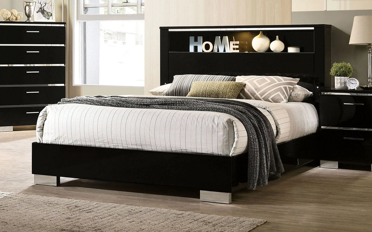 Queen Size Black High Gloss Lacquer Solid Wood Bed B3870