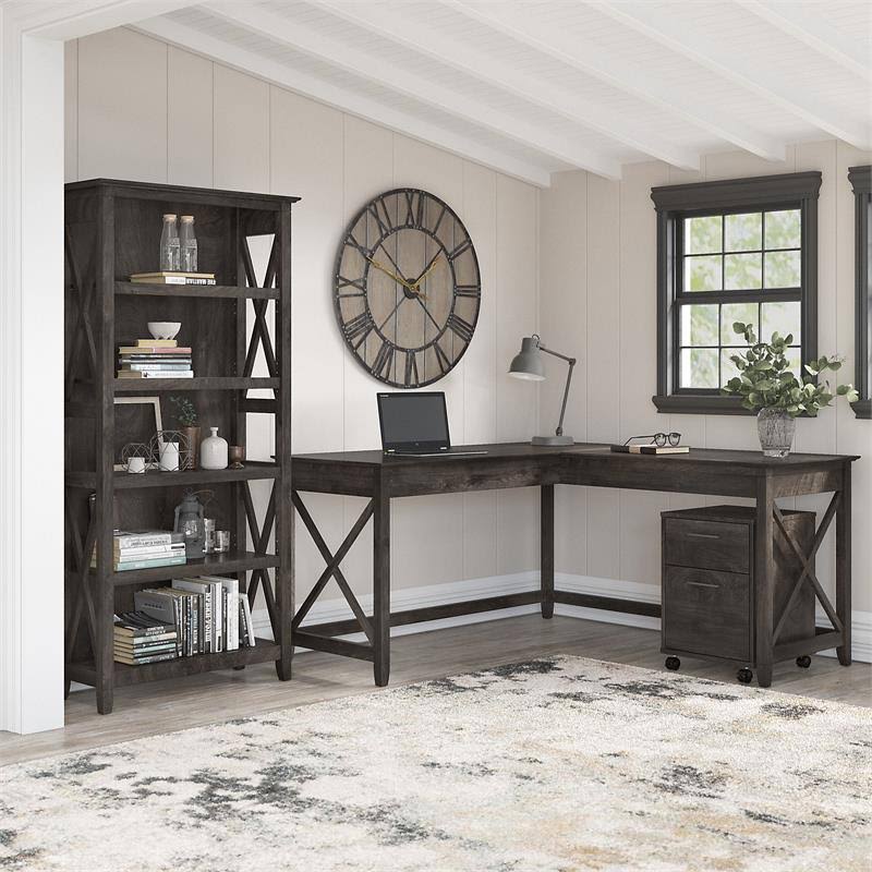 Gray L Shaped Desk with File Cabinet and Bookcase O9734
