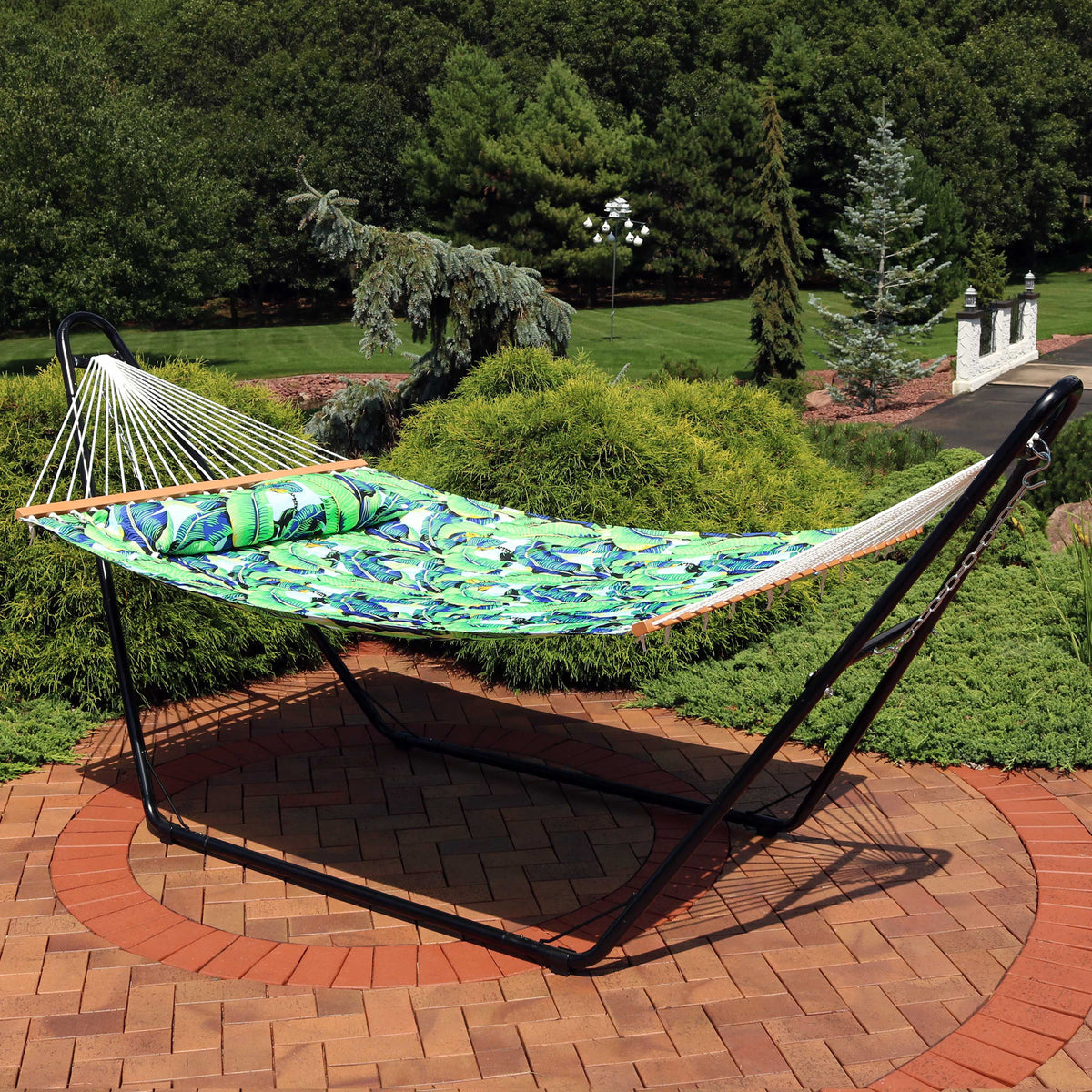 Quilted Printed Fabric 2-Person Hammock and Pillow with S Hooks and Hanging Chains Z636