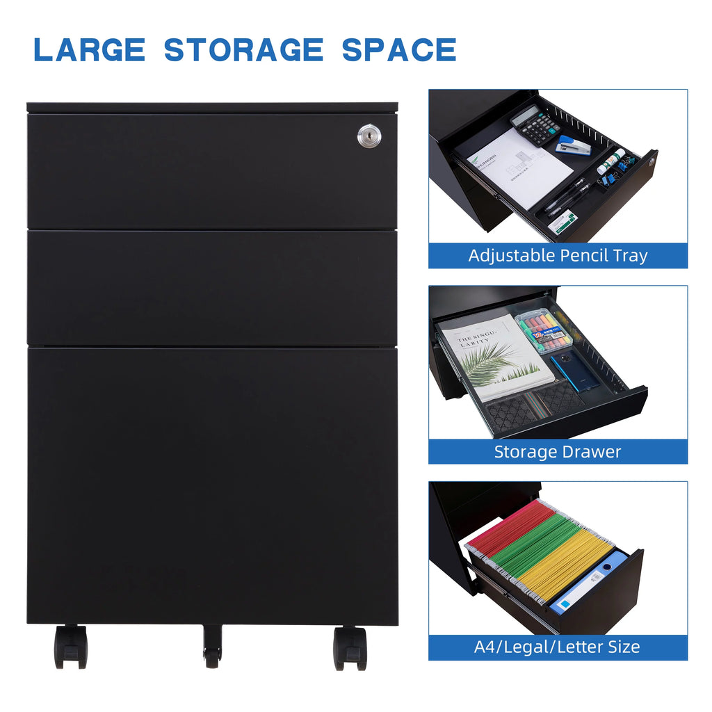 3 Drawer Black Mobile File Cabinet U659283