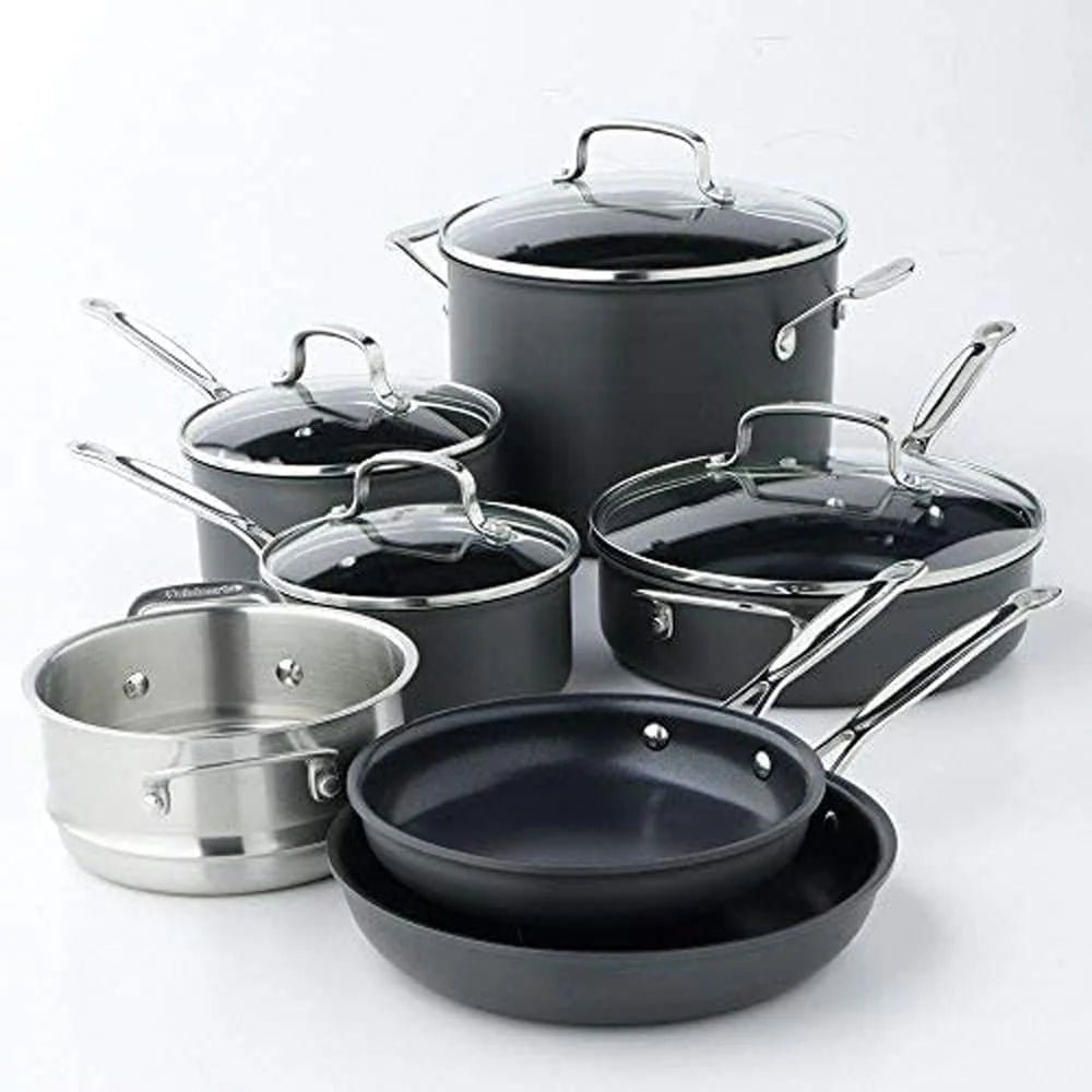 11-Piece Nonstick Hard-Anodized Cookware Set and 12 Piece Ceramic Coated Cutlery Set Matte Black I6166