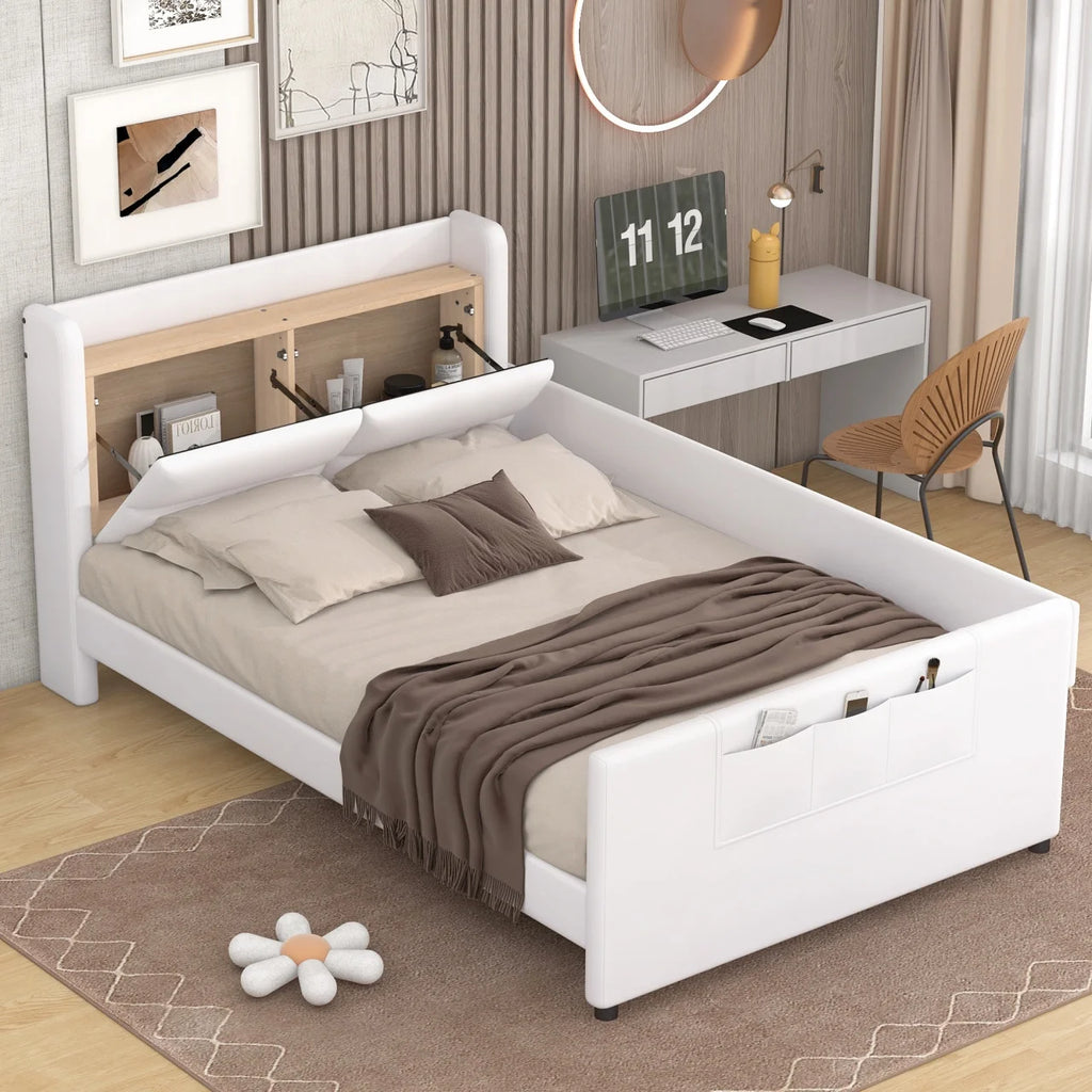 Beige Twin Size Upholstered Platform Bed with Guardrail and Storage Headboard O576609
