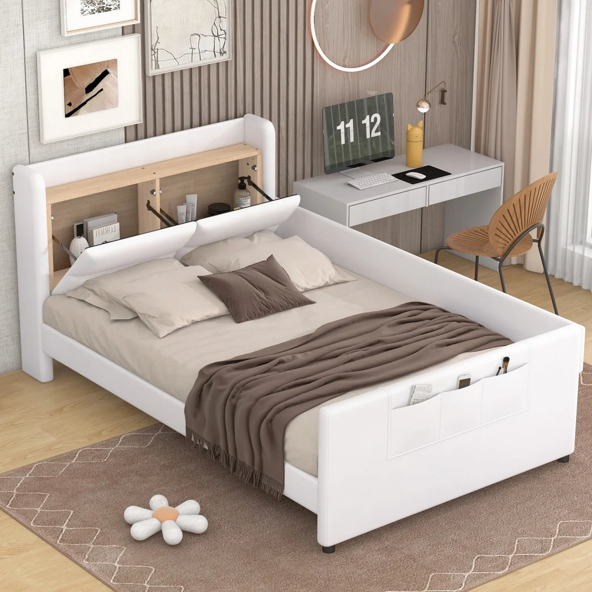 Beige Twin Size Upholstered Platform Bed with Guardrail and Storage Headboard O576609