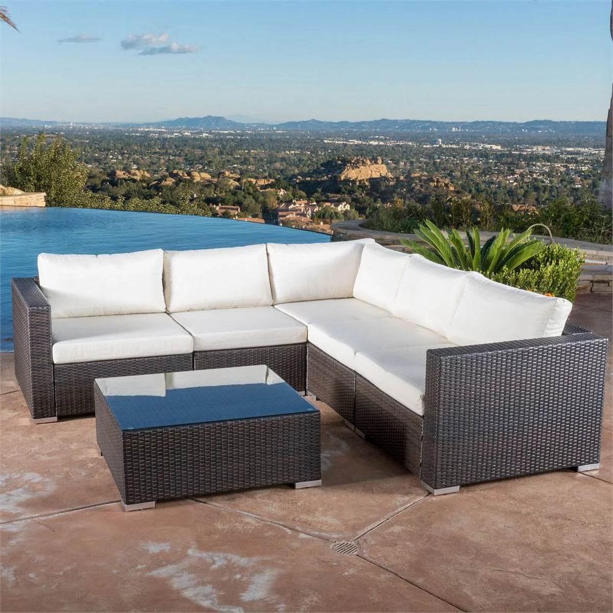 Multibrown Wicker 5 Seater Sectional Sofa Set with Beige Cushions U732021