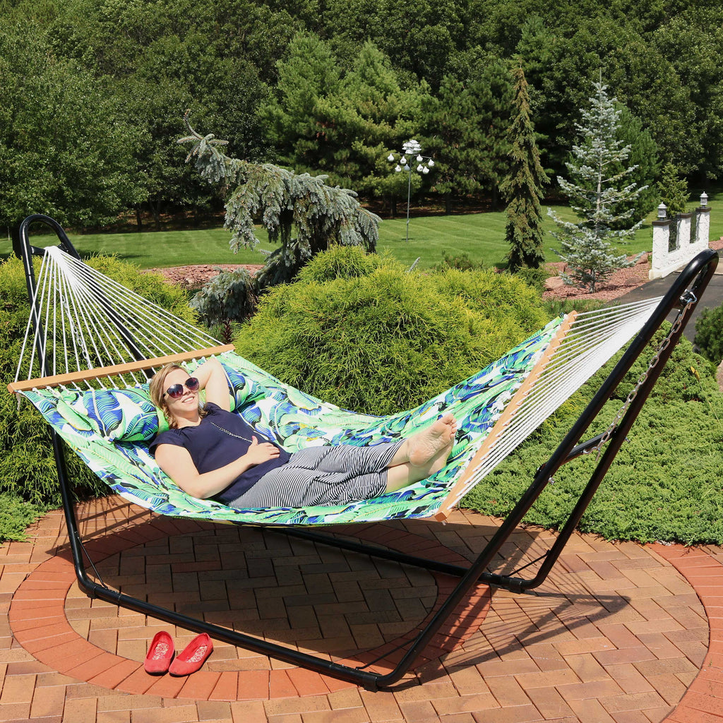Quilted Printed Fabric 2-Person Hammock and Pillow with S Hooks and Hanging Chains Z636