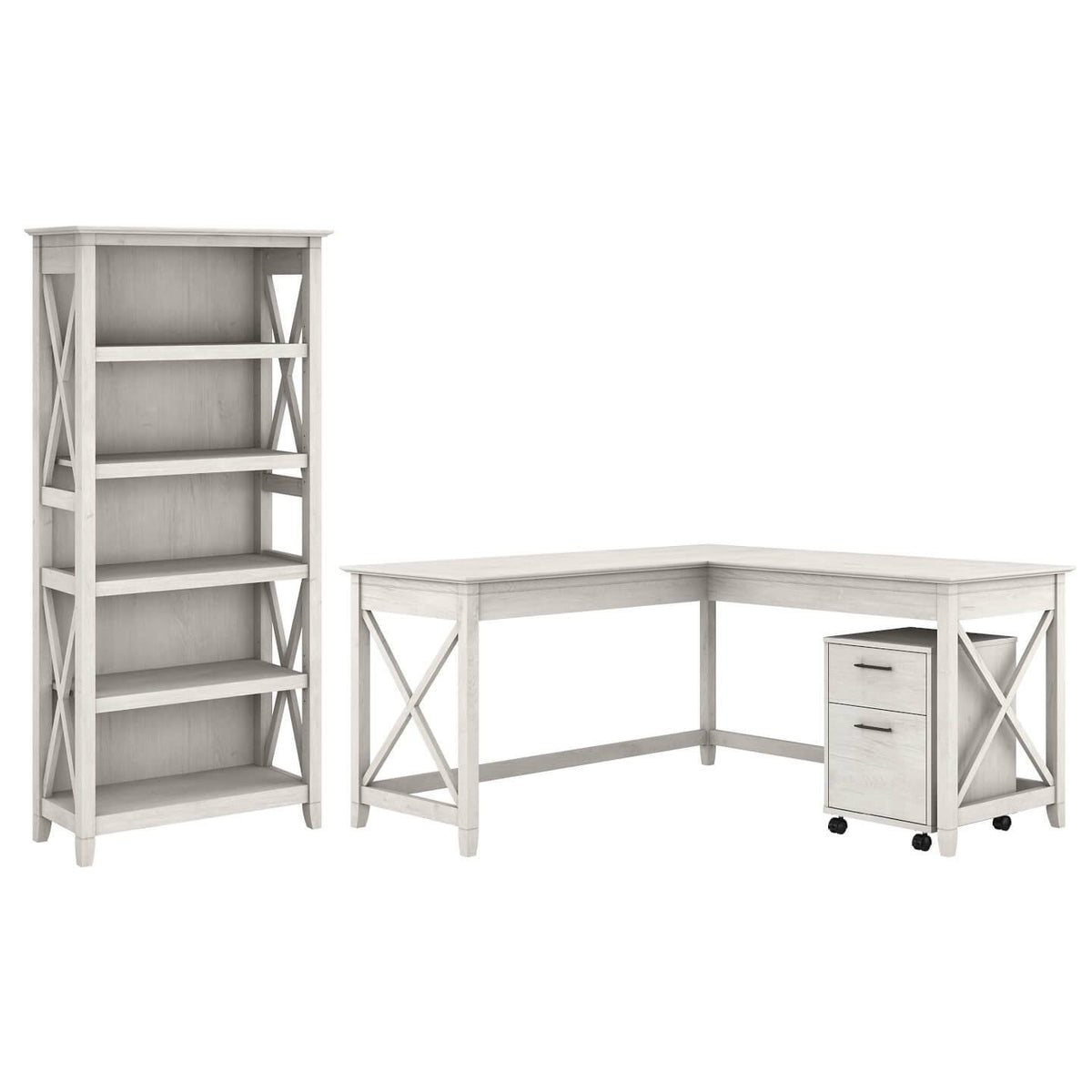 Gray L Shaped Desk with File Cabinet and Bookcase O9734