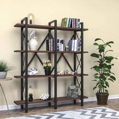 4-Tier Bookshelf and Organizer Rectangle Bookcase with 8 Open Shelves Walnut/Black X4569