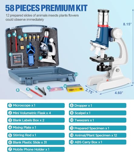Kids Microscope Kit 100X-1200X Magnification Metal Body LED Light O256247