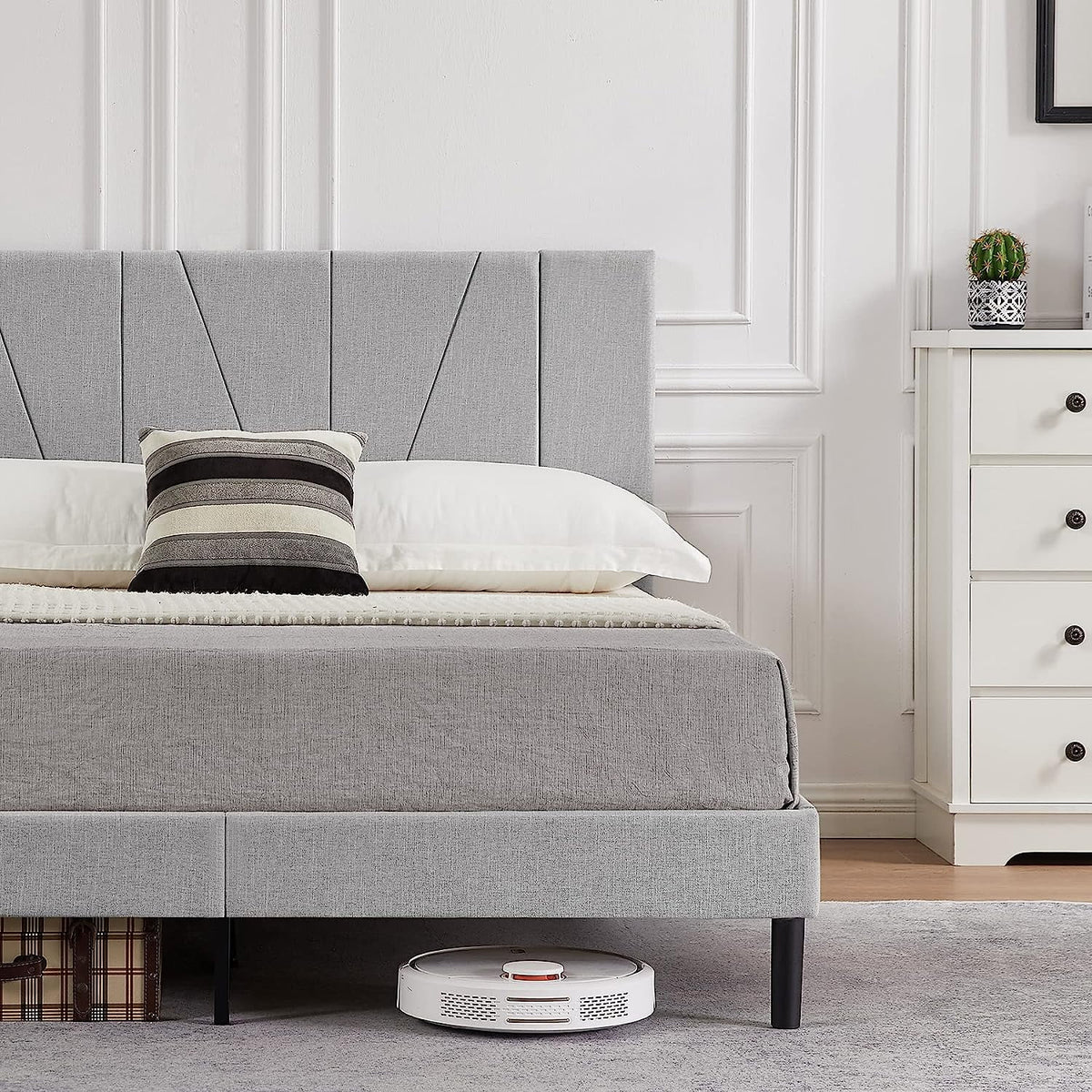 King Size Beige Fabric Upholstered Platform Bed Frame O42538
