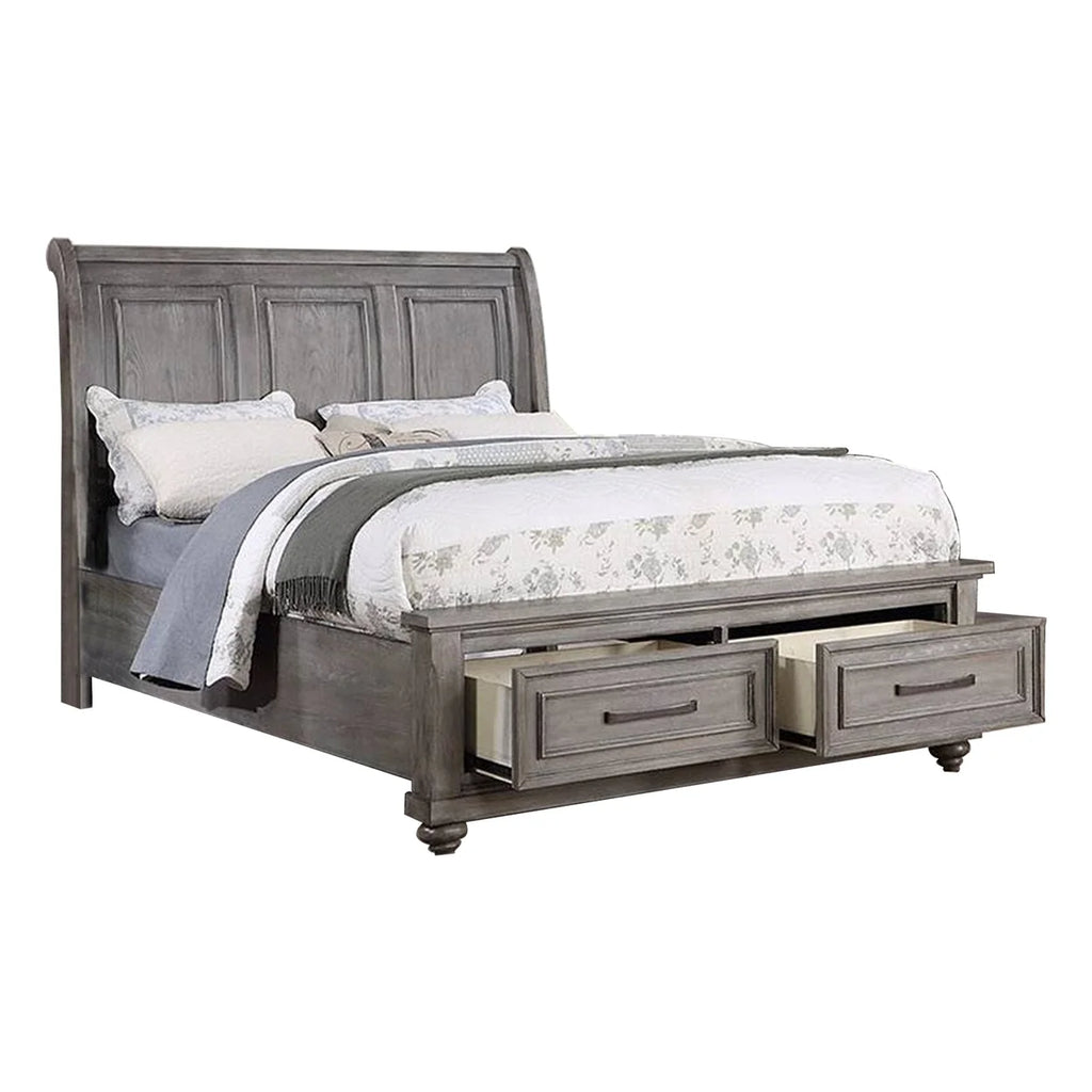 Queen Size Sleigh Headboard Bed with 2 Storage Drawers Oak Gray Wood U946436