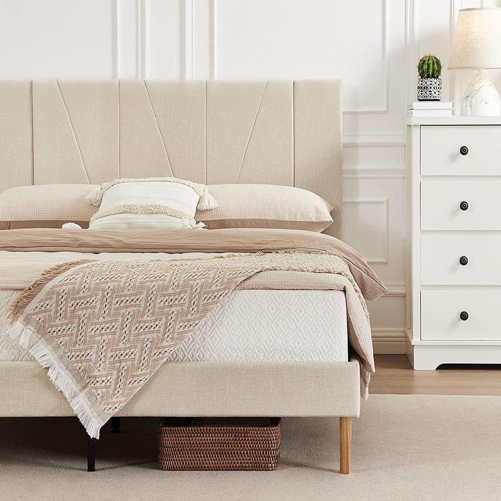 King Size Beige Fabric Upholstered Platform Bed Frame O42538