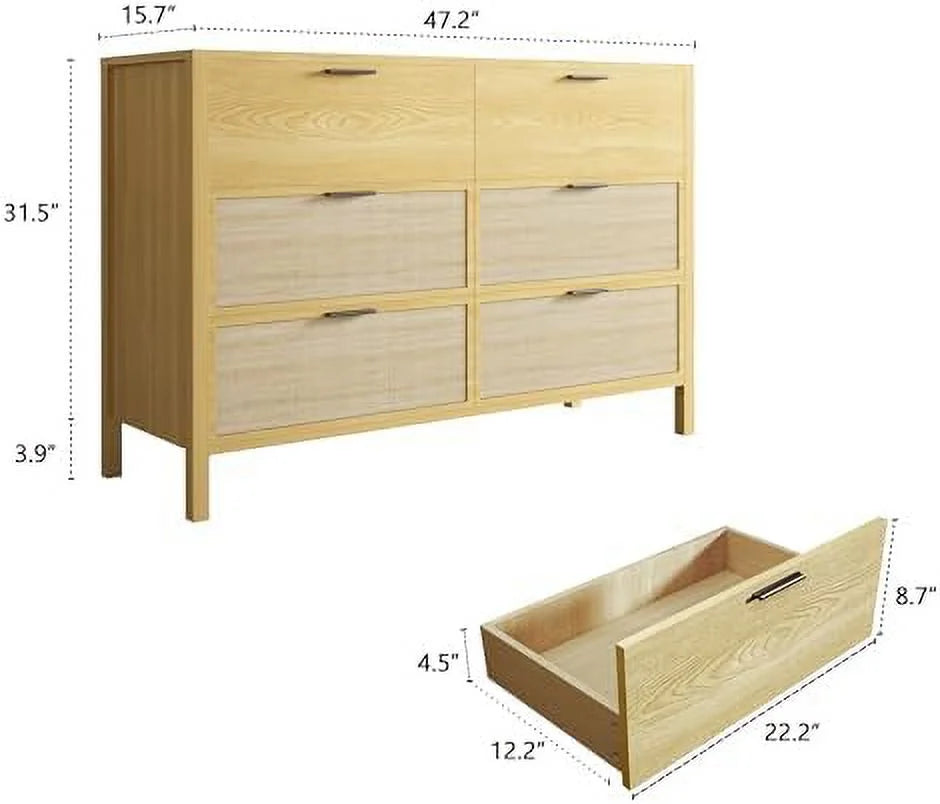 6 Drawer Natural Wood Rattan Dresser O926