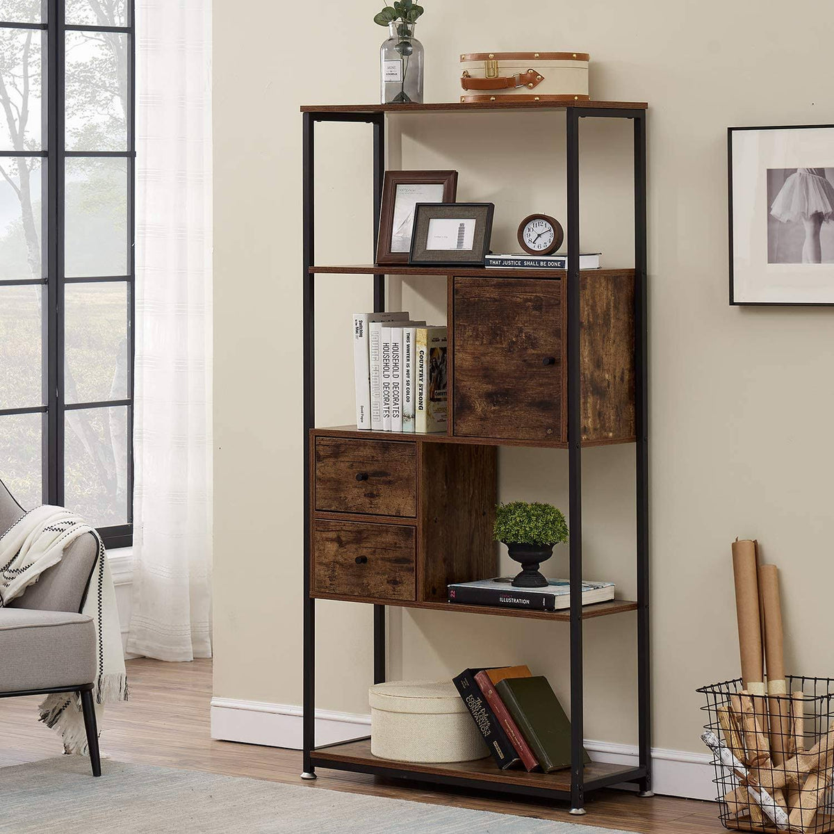 Brown 4-Tier Bookshelf with Drawers U8204
