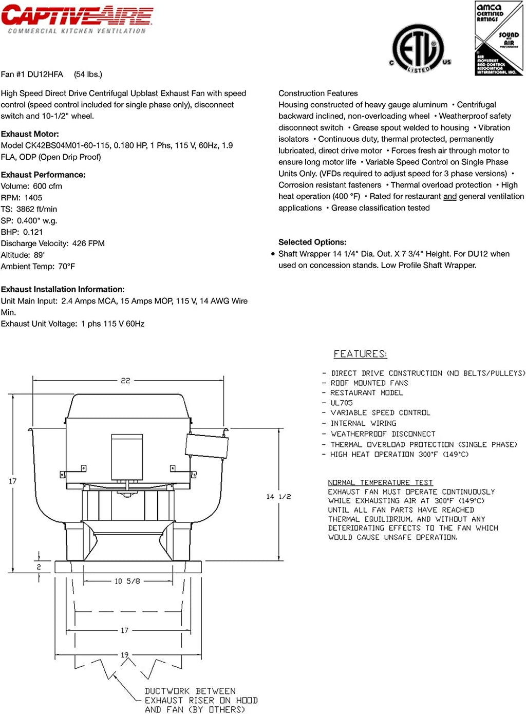 Food Truck Low Profile Exhaust Hood System with Fan and Duct N5016
