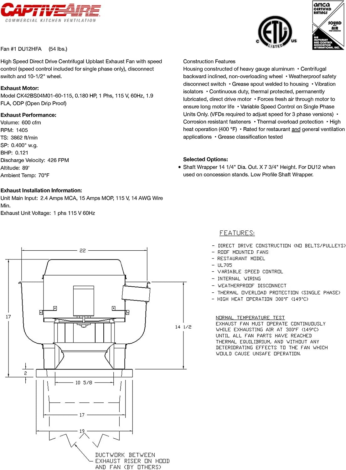 Food Truck Low Profile Exhaust Hood System with Fan and Duct N5016