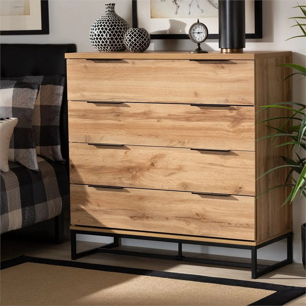 Oak Finished Wood Black Metal 4-Drawer Dresser J21843