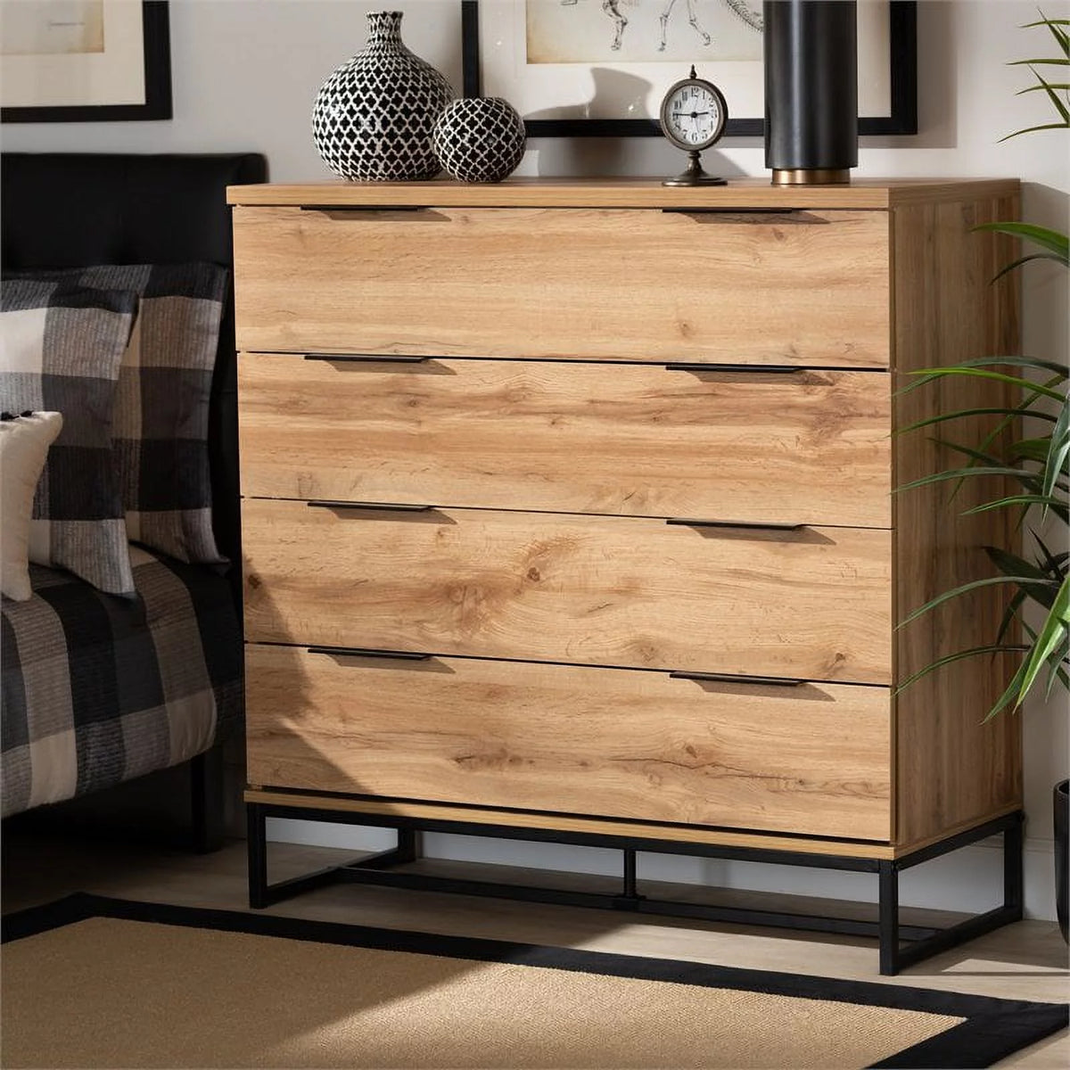 Oak Finished Wood Black Metal 4-Drawer Dresser J21843