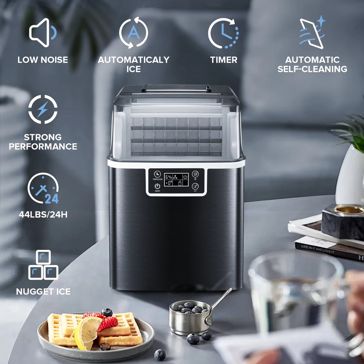 44Lbs/24H Self-Cleaning Countertop Ice Maker with Ice Scoop & Basket A2213
