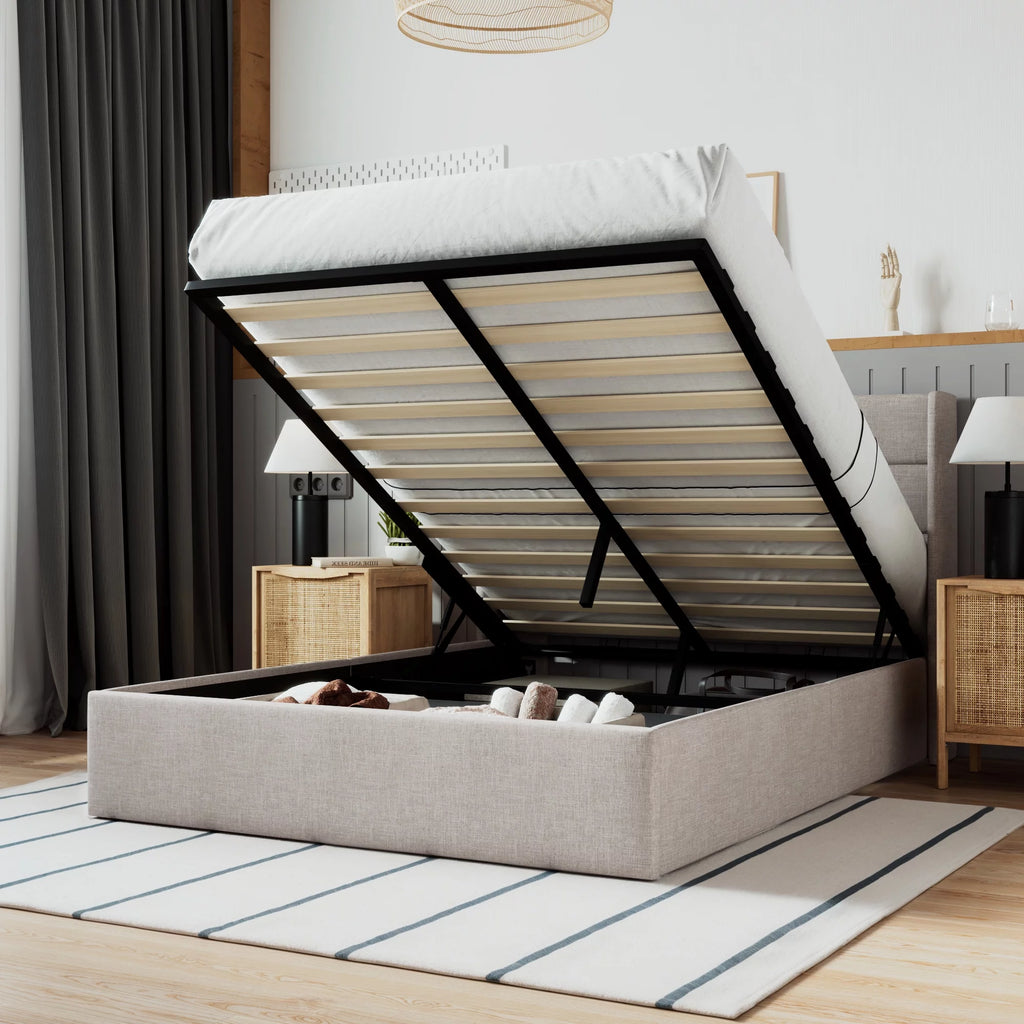 Beige Queen Size Lift Up Platform Bed Frame with Headboard B4458