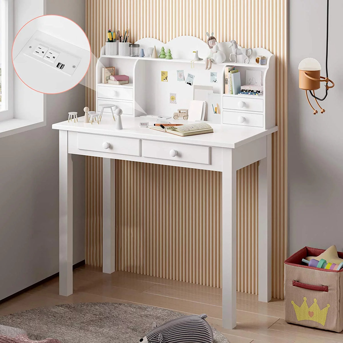 31.5" White Writing Desk with Hutch and USB Ports B3991