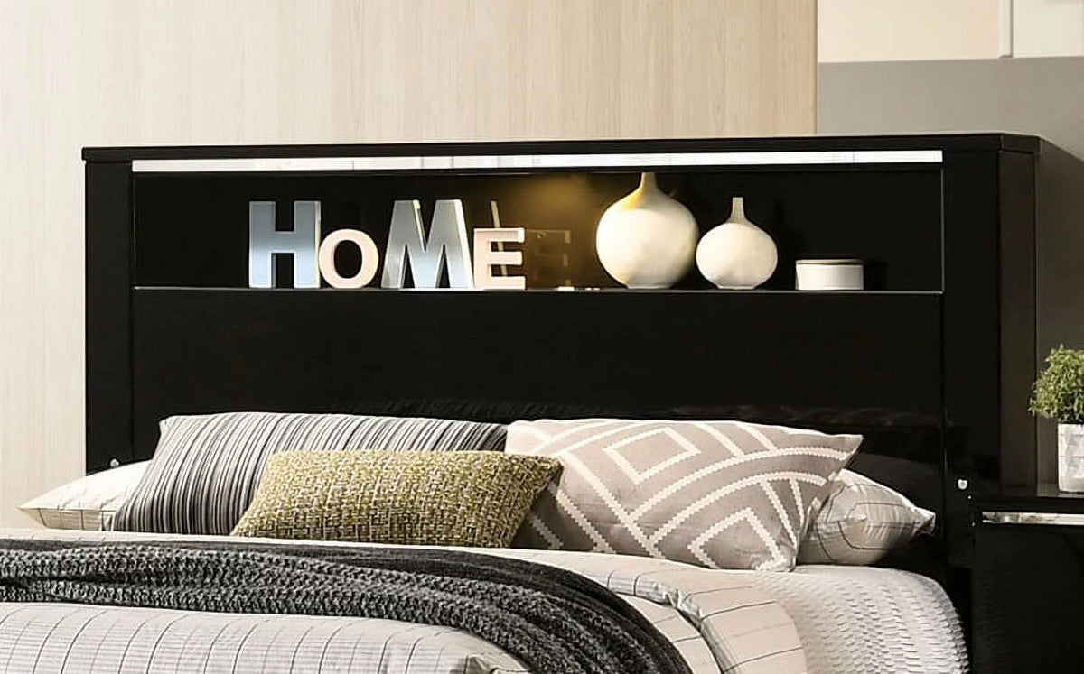Queen Size Black High Gloss Lacquer Solid Wood Bed B3870