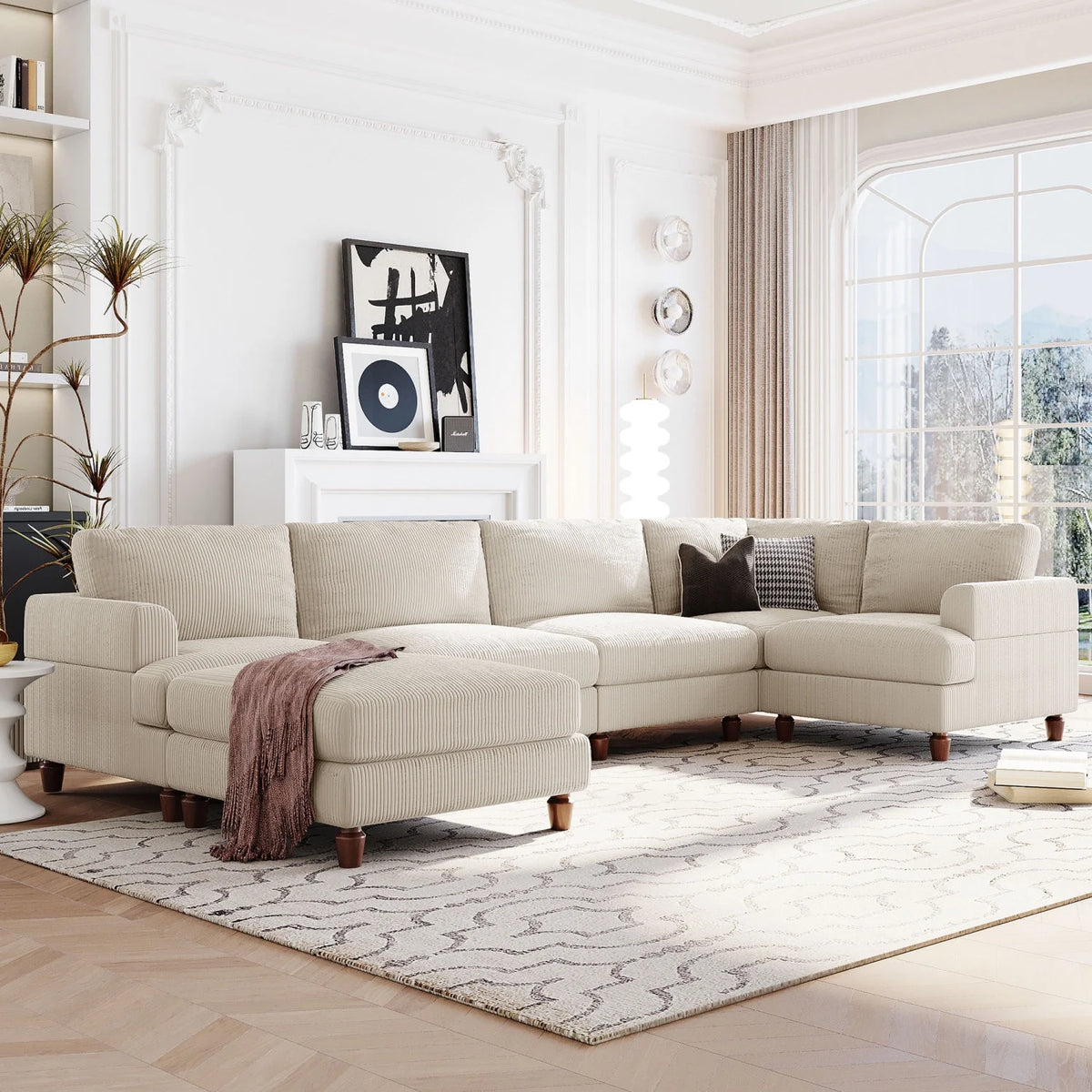 Beige Corduroy Modular Sectional Sofa with Chaise A18954