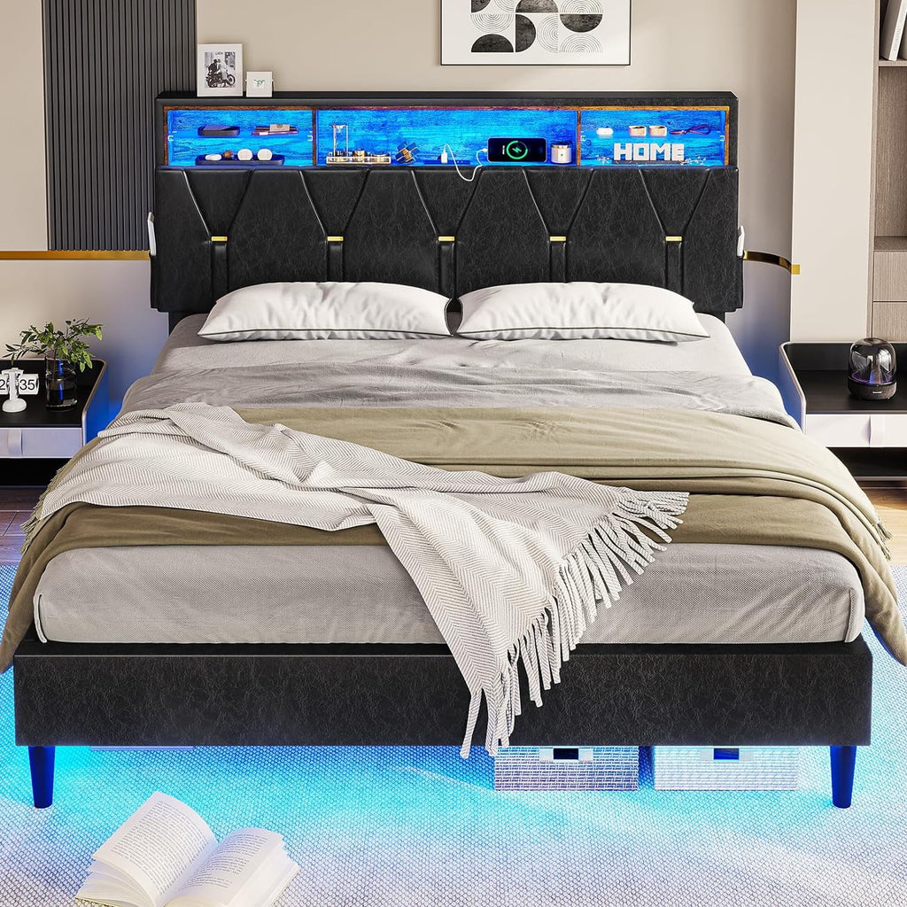 Black Full Size LED Bed Frame with Upholstered Storage Headboard O181952