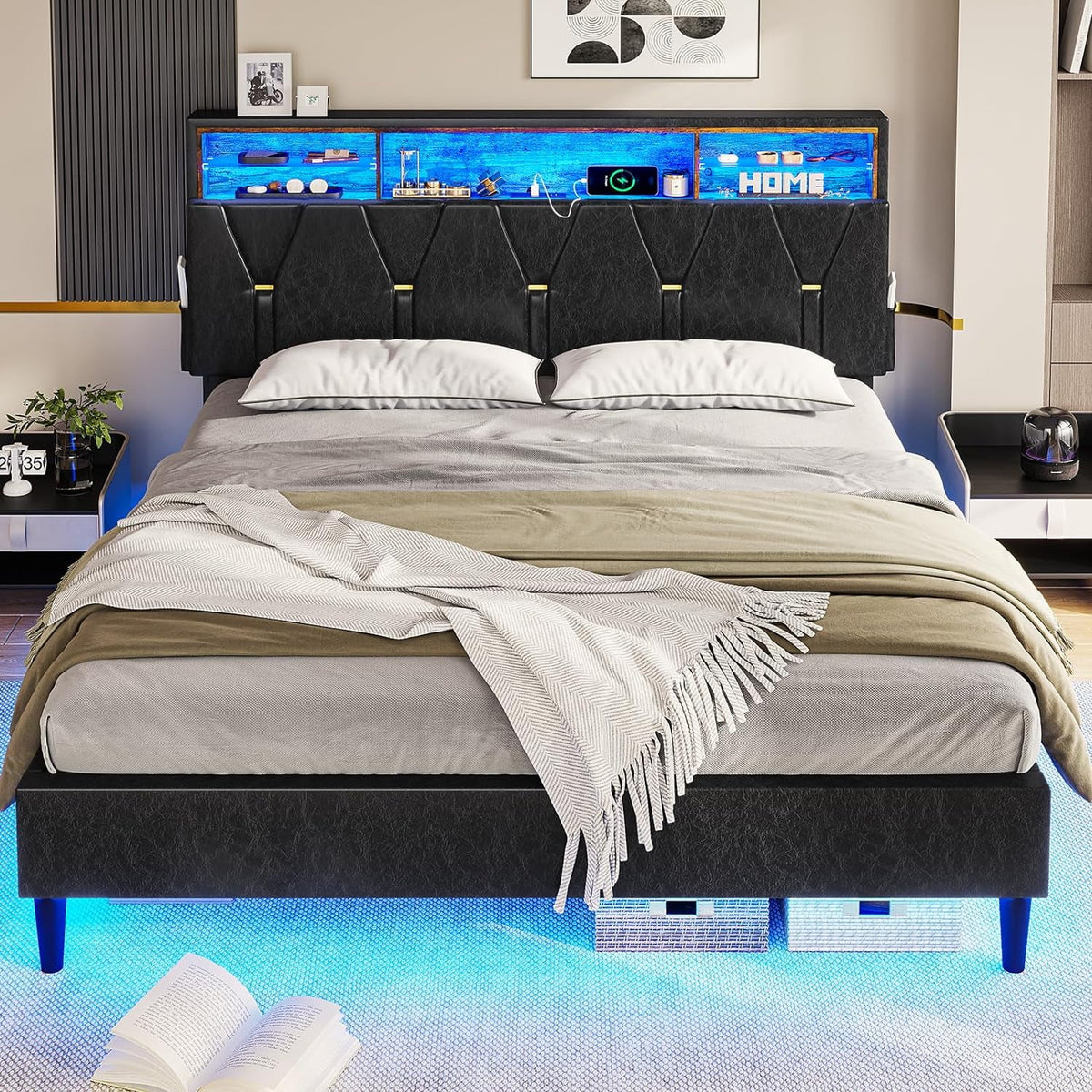 Black Full Size LED Bed Frame with Upholstered Storage Headboard O181952