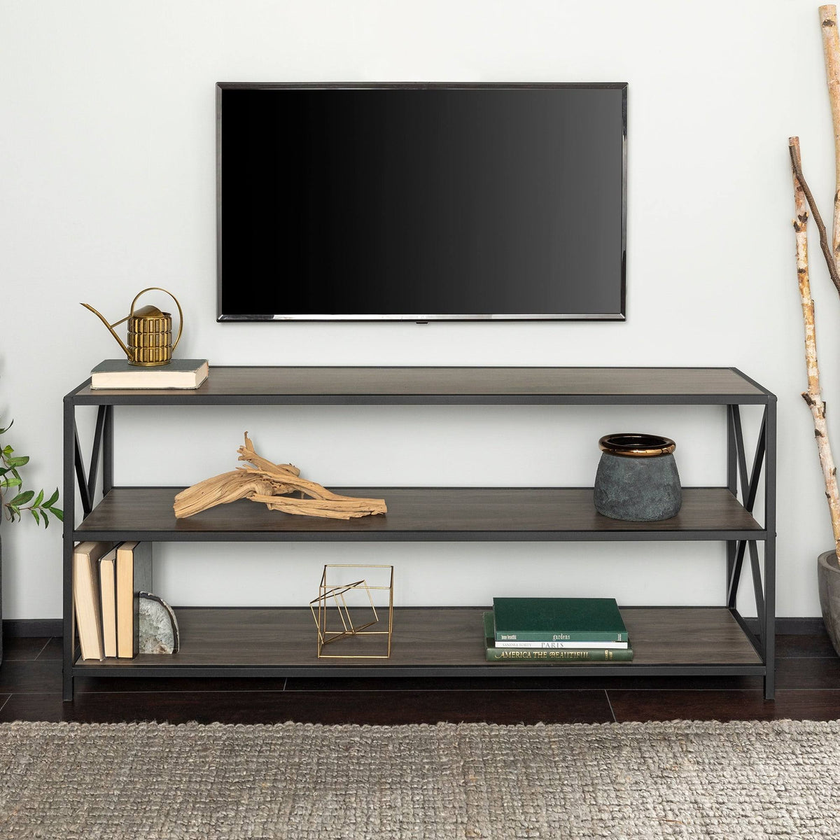 60-Inch X-Frame Bookshelf Dark Walnut Black Metal H528519