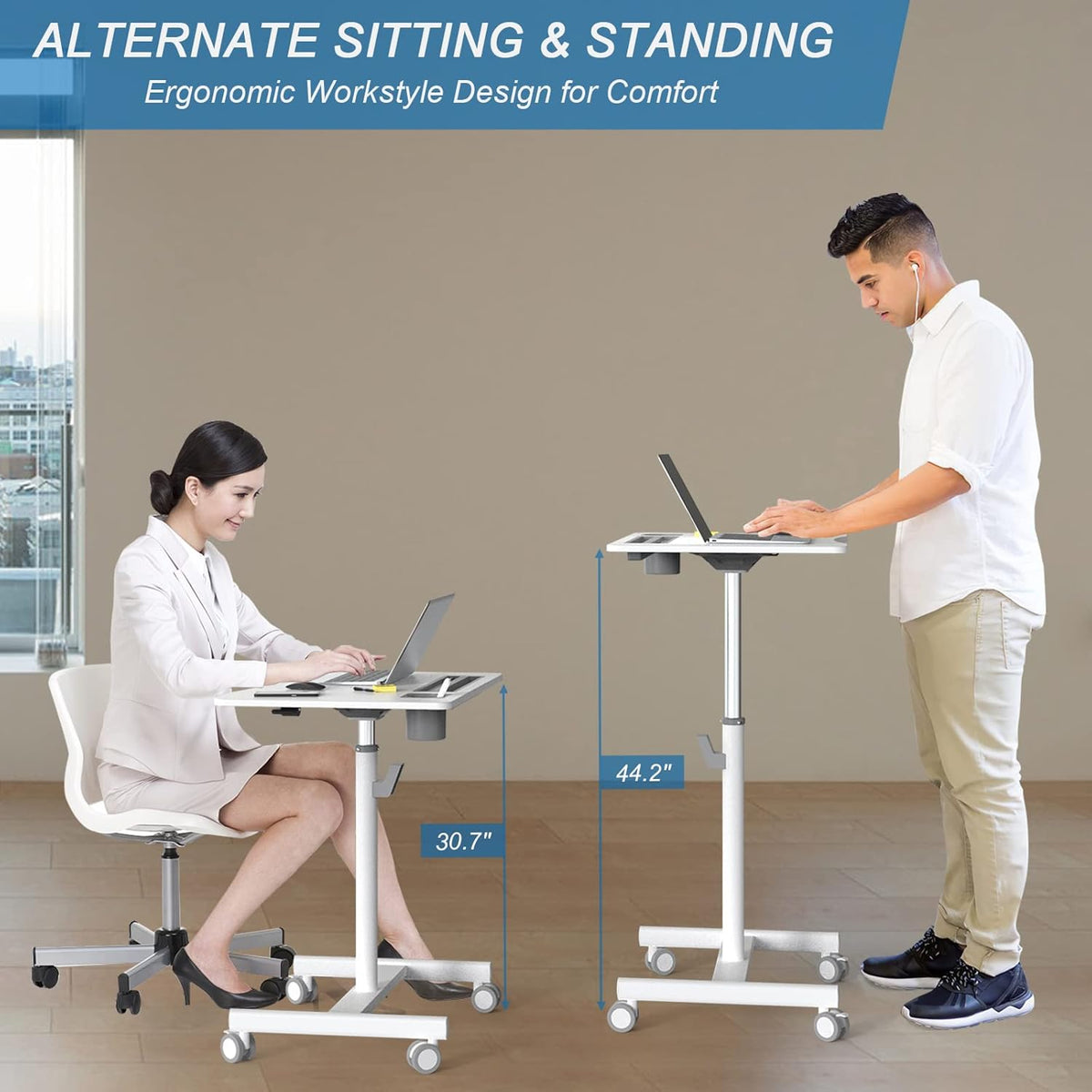 28 inch Pneumatic Sit to Stand Height Adjustable Mobile Laptop Desk with Lockable Wheels, White Q49670