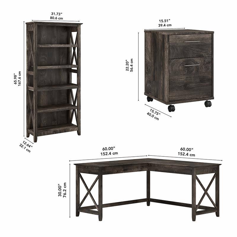 Gray L Shaped Desk with File Cabinet and Bookcase O9734
