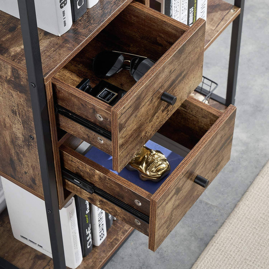 Brown 4-Tier Bookshelf with Drawers U8204