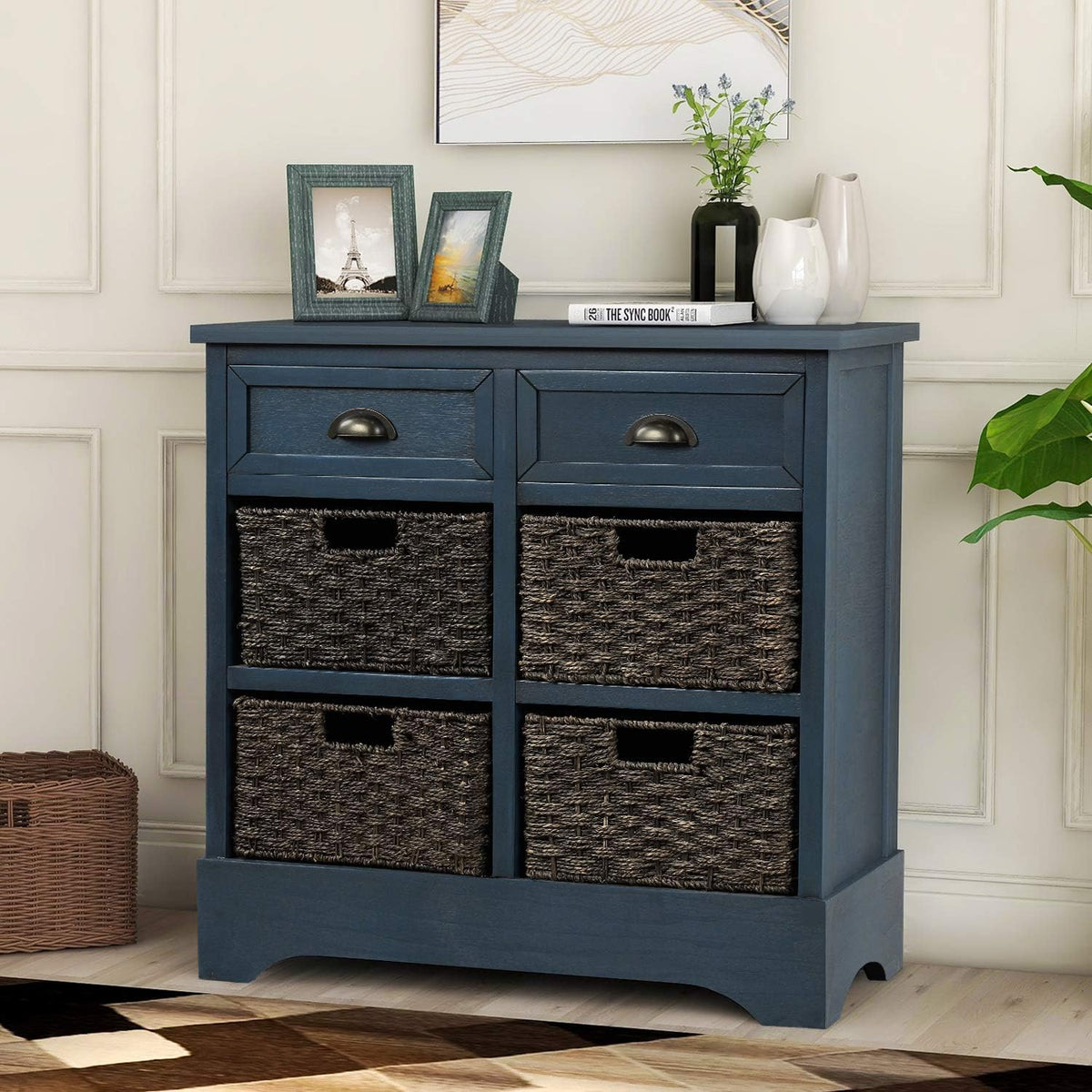 Storage Cabinet with 2 Drawers and 4 Fabric Baskets Y830980