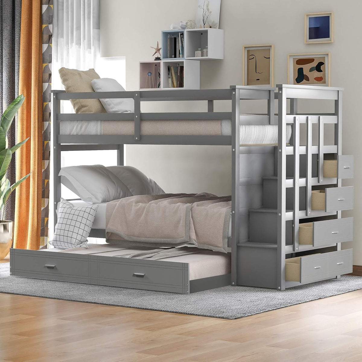 Twin Over Twin Wood Bunk Bed with Trundle and Staircase E20878