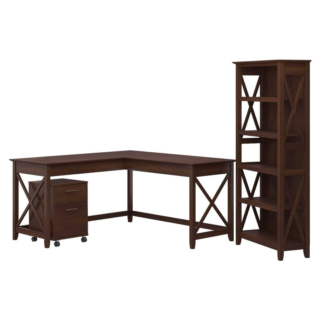 Gray L Shaped Desk with File Cabinet and Bookcase O9734