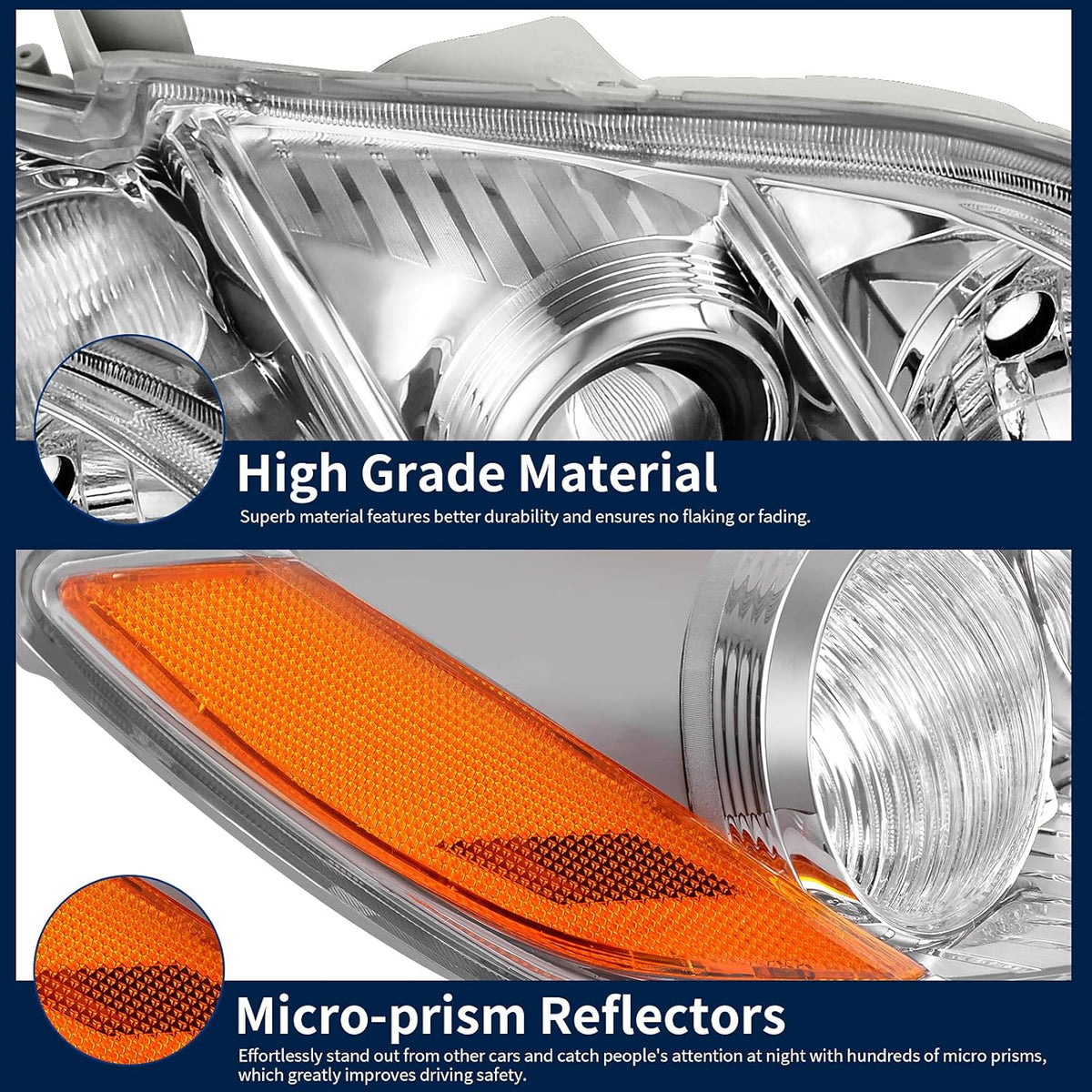 Chrome Housing Amber Reflector Clear Lens Headlight Assembly O80525