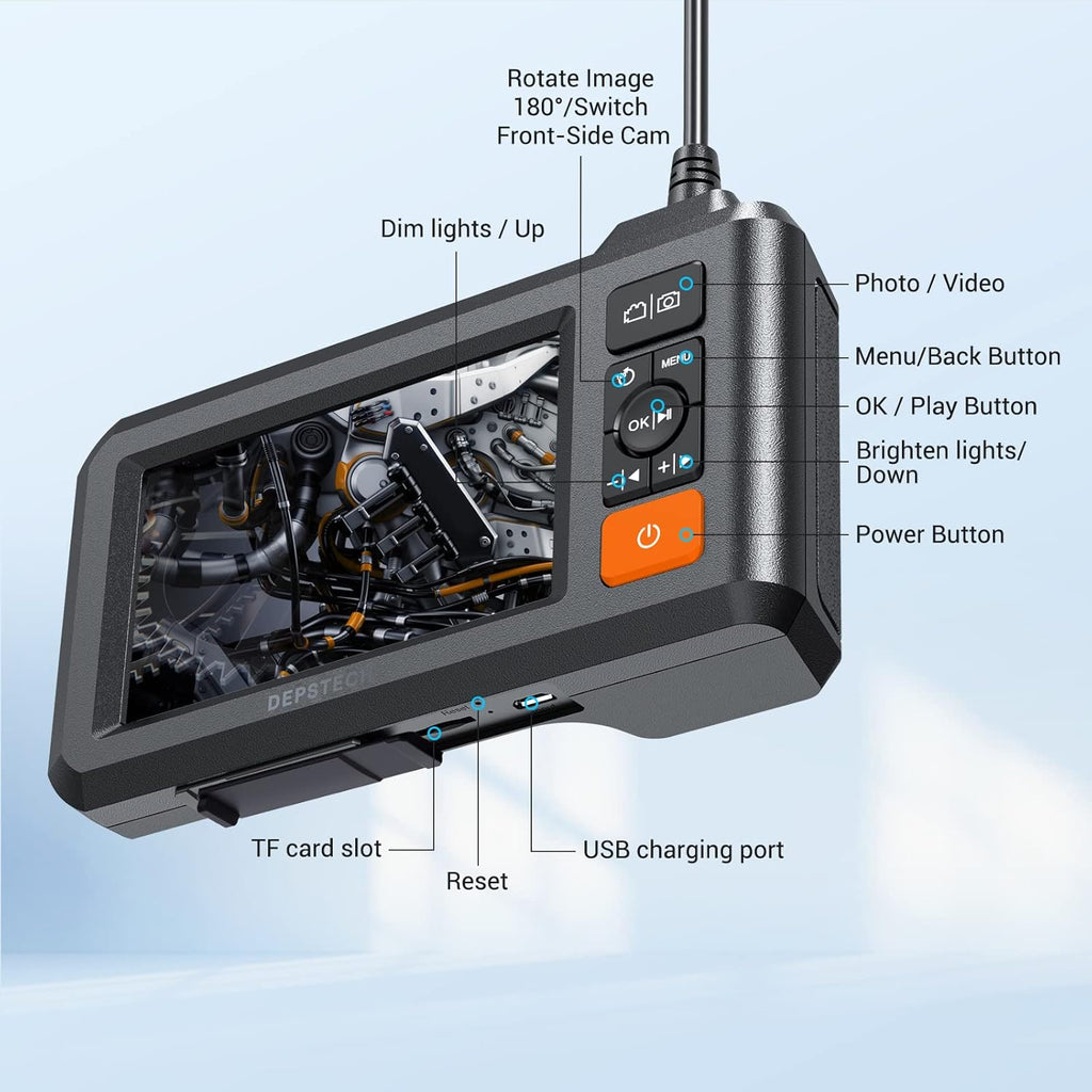 Dual Lens Endoscope with 50FT Semi-Rigid Cable, 1080P Borescope Inspection Camera, 7.9mm, IP67 Waterproof, 7 LED Lights H4154