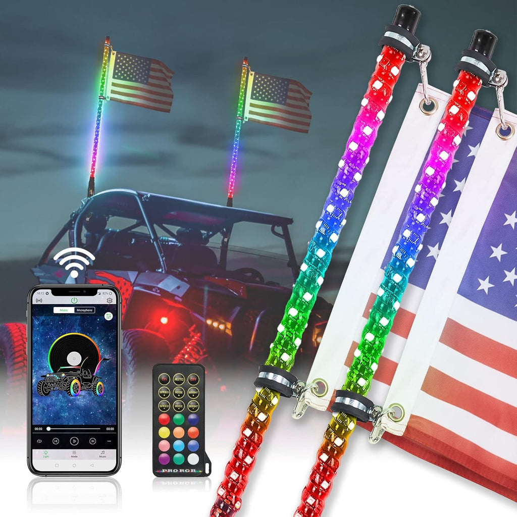 LED Whip Lights with Bluetooth and Flag Pole, 366+ Lighting Modes RGB, 2pcs 3ft W717345