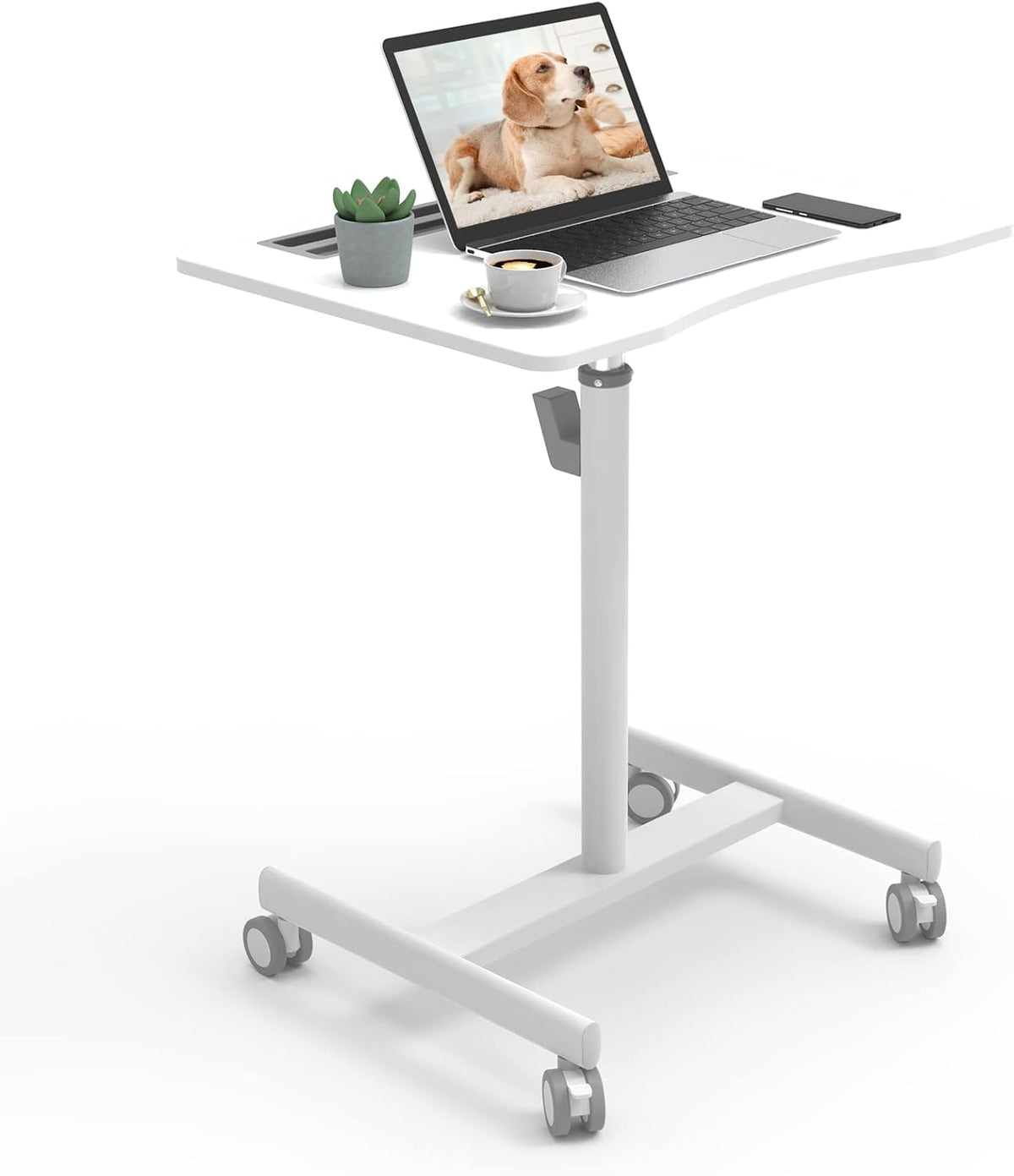 28 inch Pneumatic Sit to Stand Height Adjustable Mobile Laptop Desk with Lockable Wheels, White Q49670