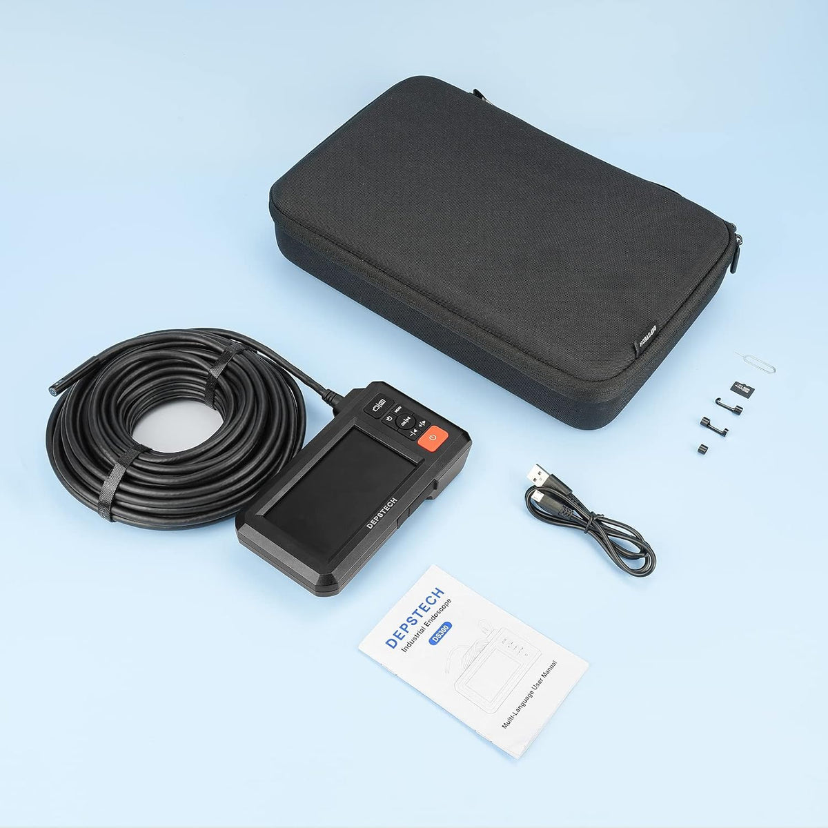 Dual Lens Endoscope with 50FT Semi-Rigid Cable, 1080P Borescope Inspection Camera, 7.9mm, IP67 Waterproof, 7 LED Lights H4154