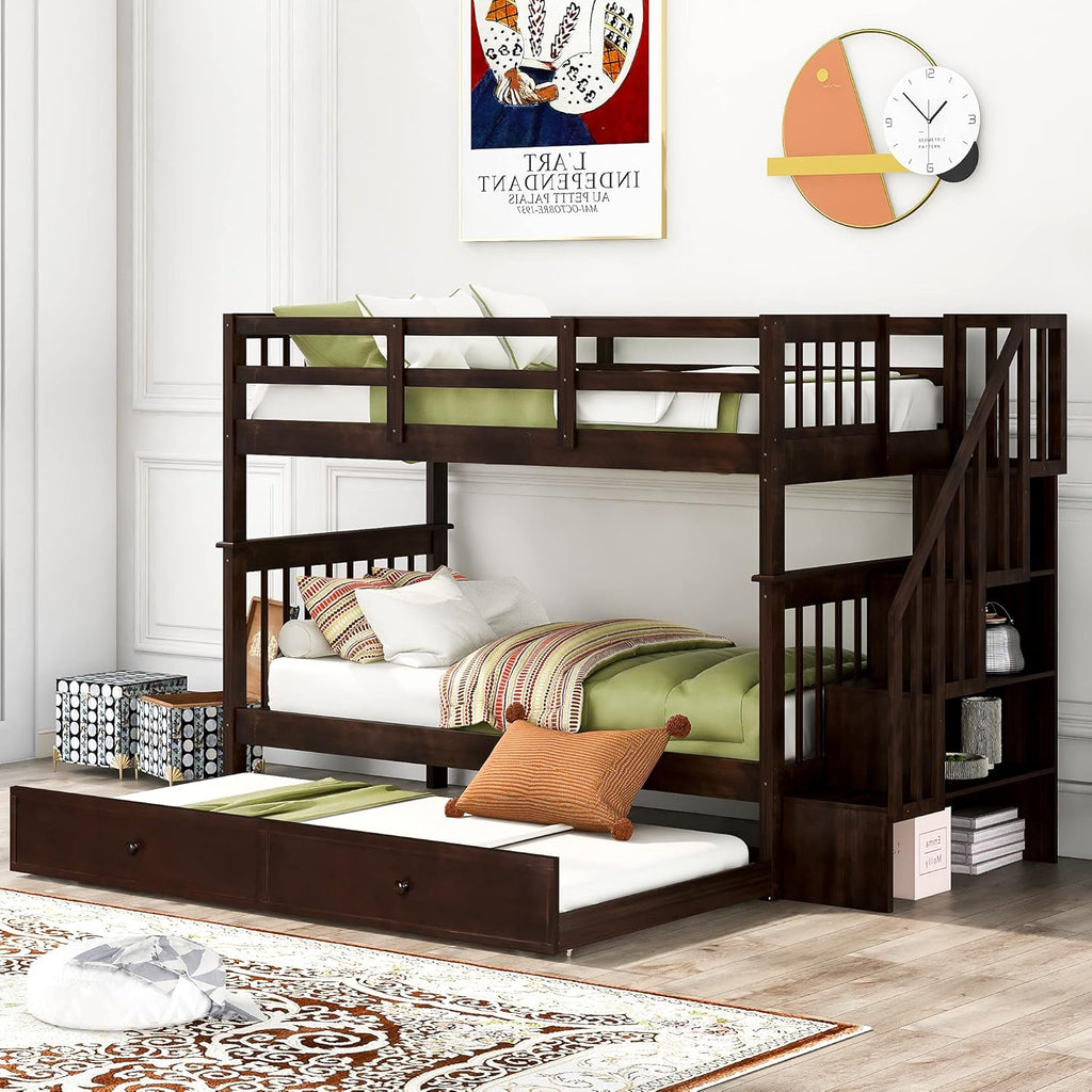 Twin Over Twin Wood Bunk Bed with Trundle and Staircase E20878