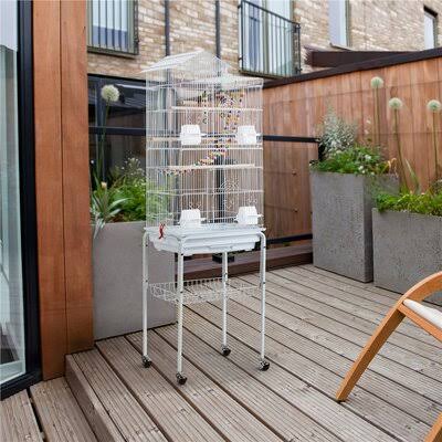 Iron Pointed Top Floor Bird Cage with Wheels White W115