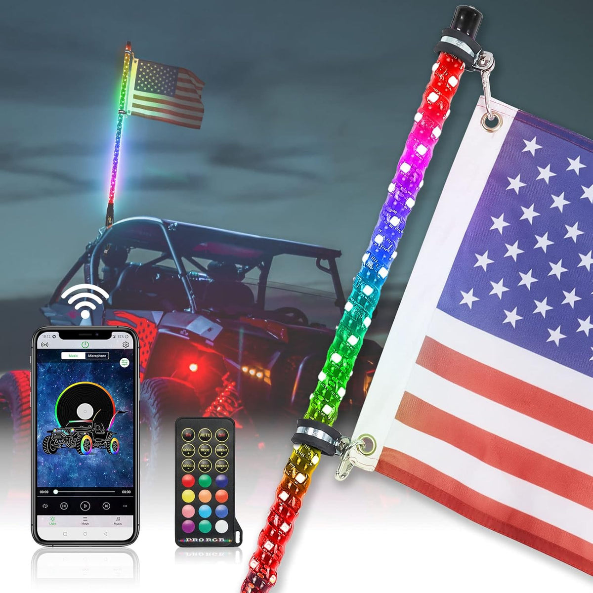 LED Whip Lights with Bluetooth and Flag Pole, 366+ Lighting Modes RGB, 2pcs 3ft W717345