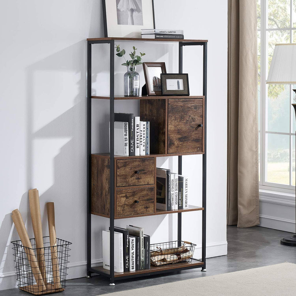 Brown 4-Tier Bookshelf with Drawers U8204
