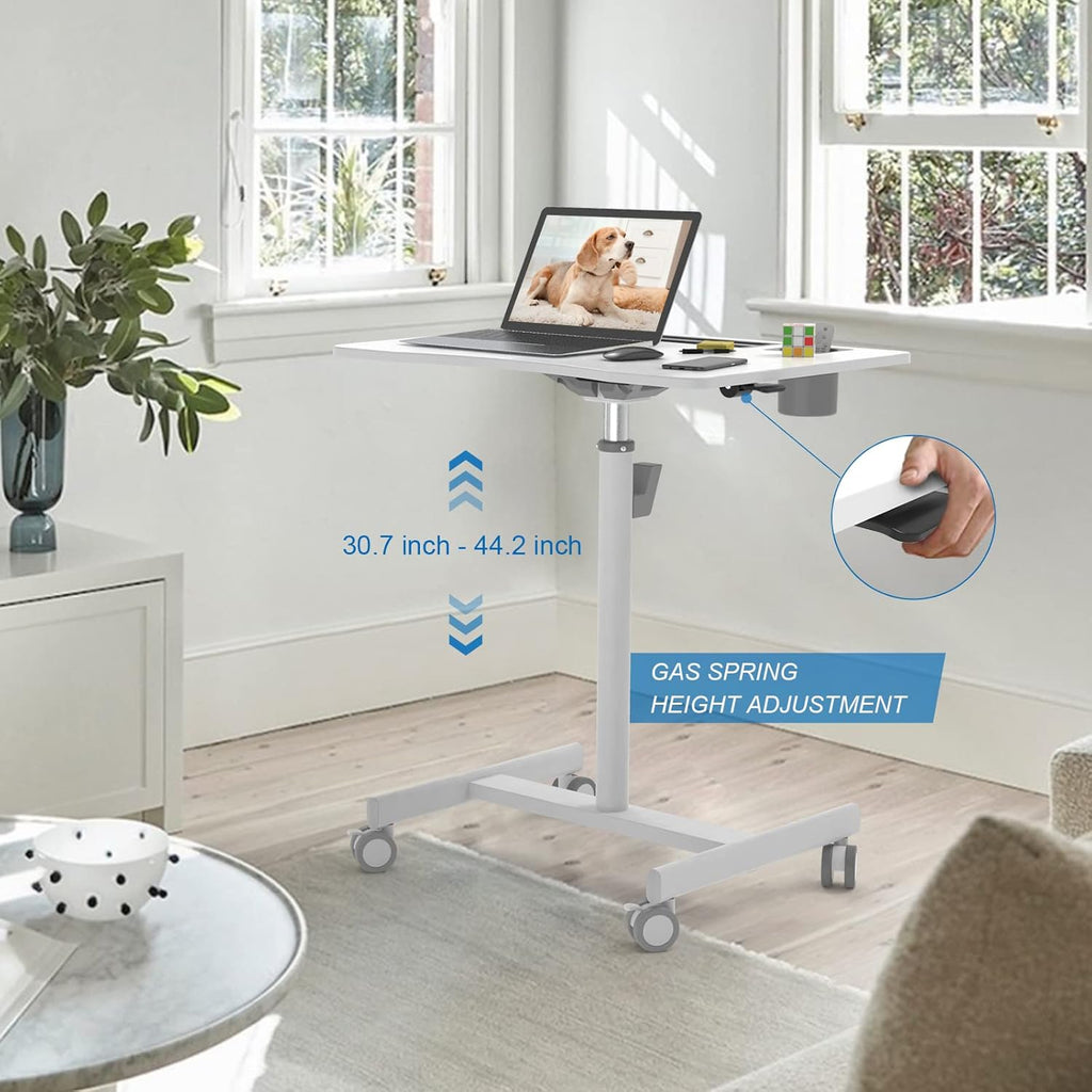 28 inch Pneumatic Sit to Stand Height Adjustable Mobile Laptop Desk with Lockable Wheels, White Q49670