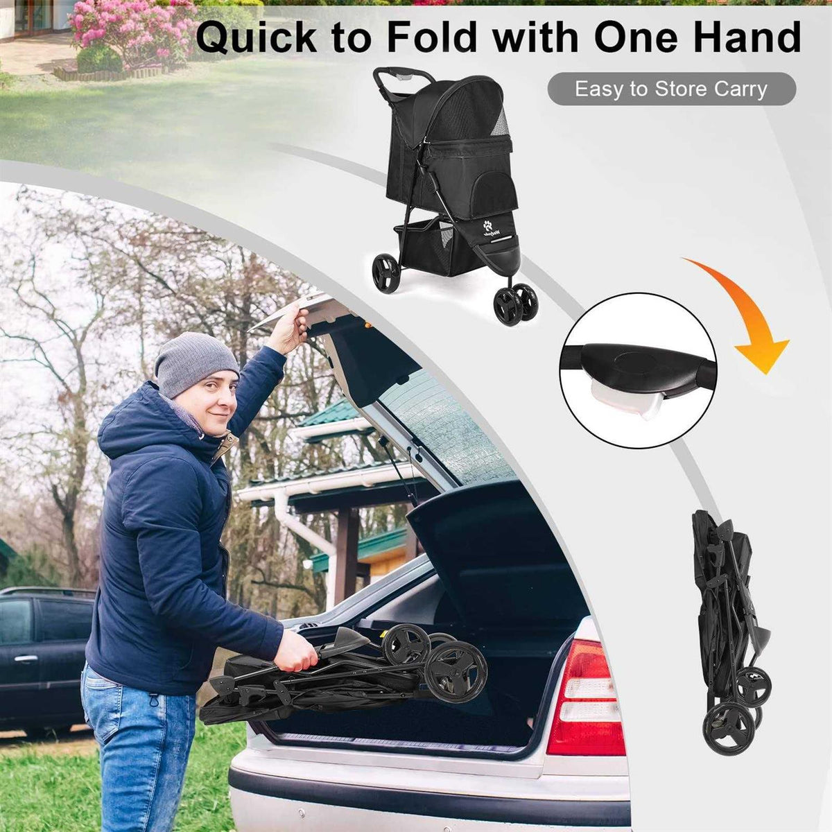 3 Wheels Foldable Pet Stroller with Brake, Canopy, Cup Holders and Storage Q1730