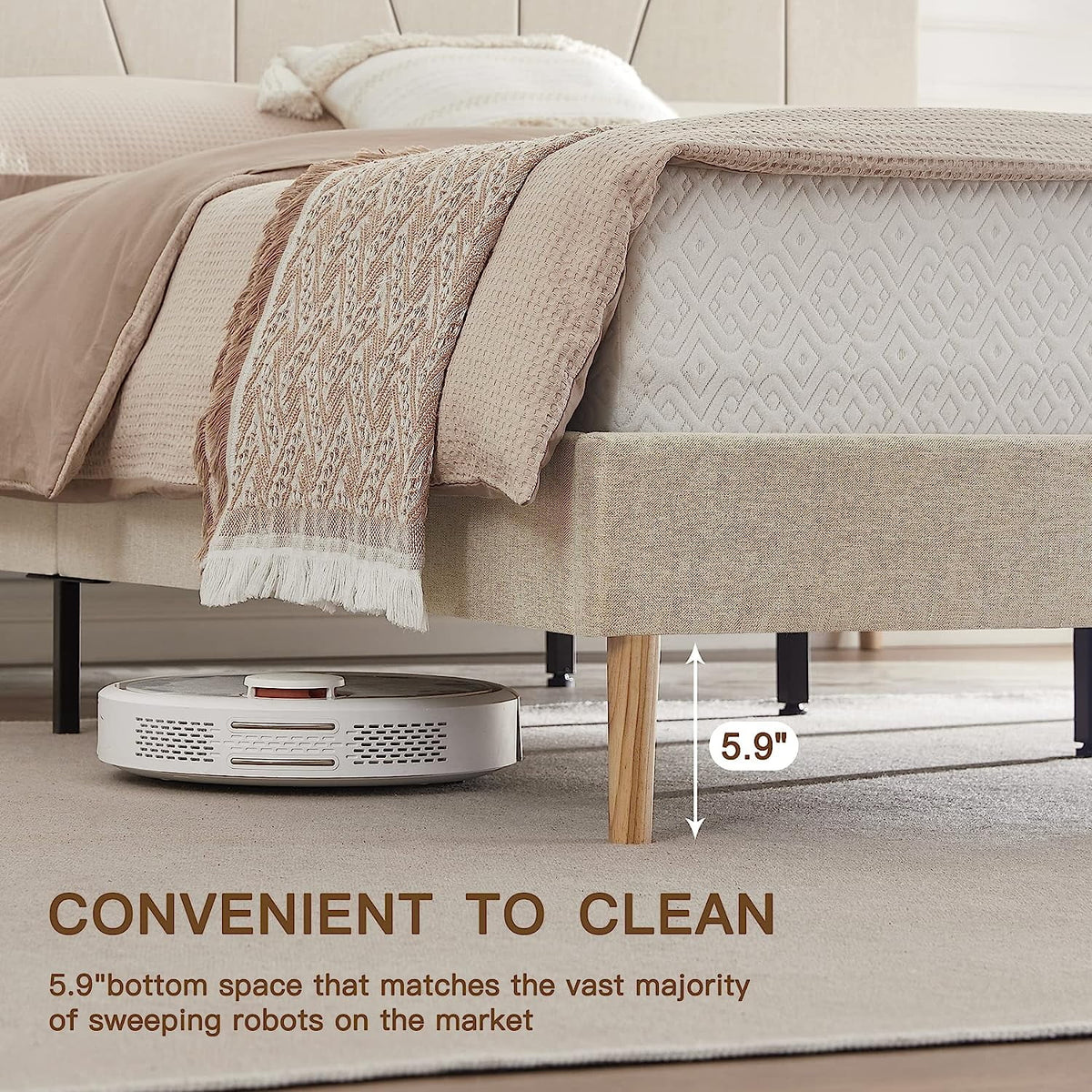 King Size Beige Fabric Upholstered Platform Bed Frame O42538